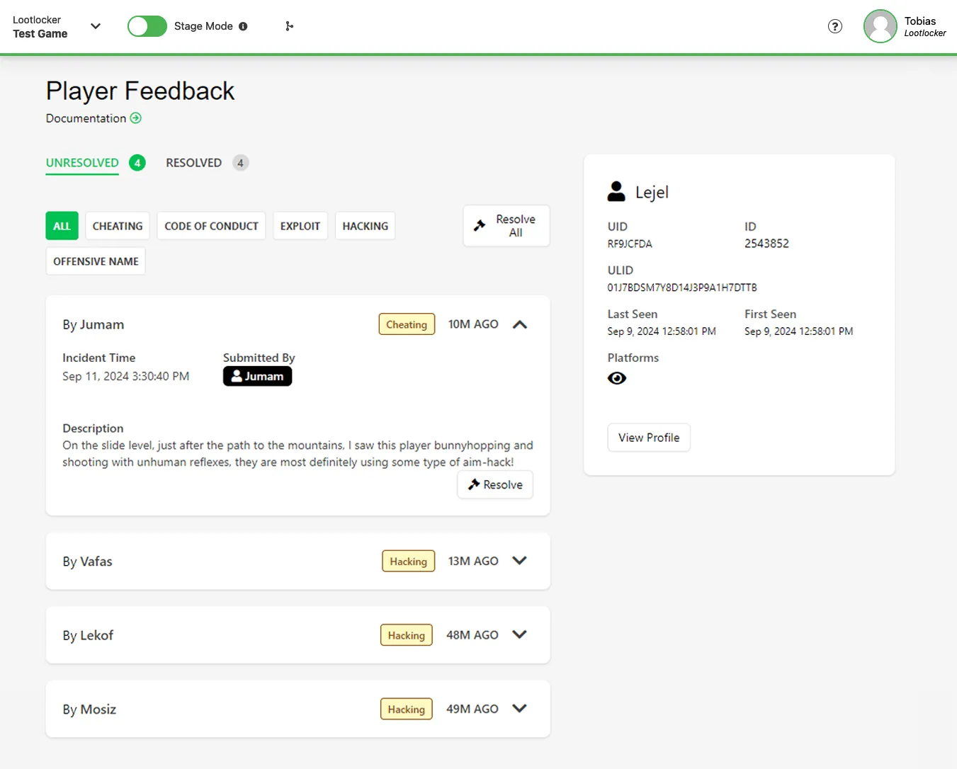 Player Feedback report detail view in the Web Console