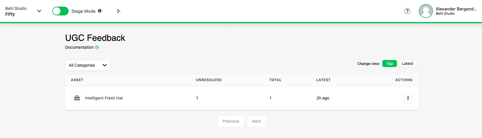 UGC Feedback overview page in the Web Console