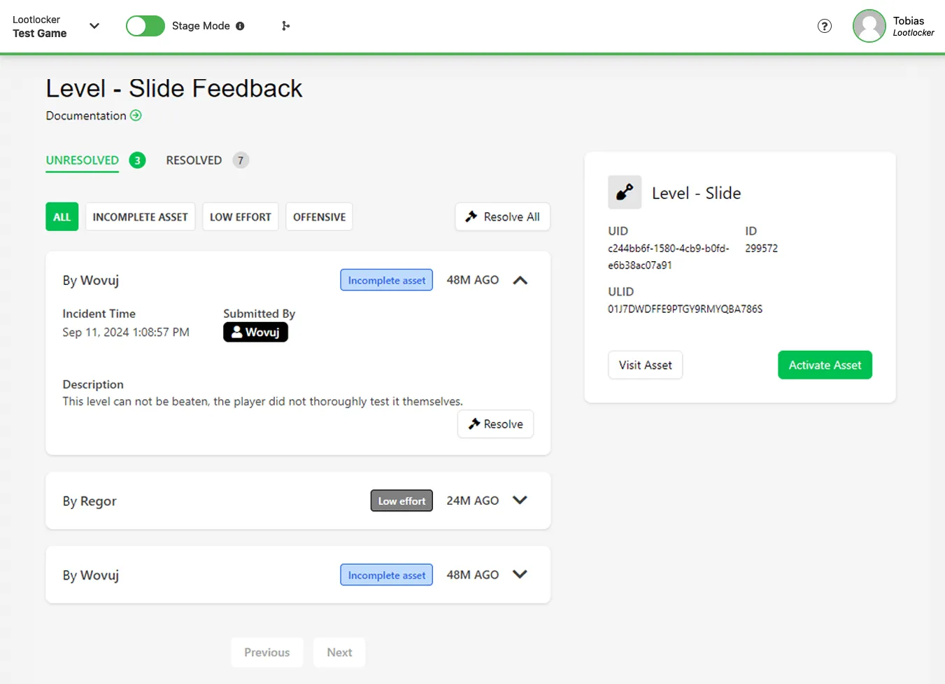 UGC Feedback report detail view in the Web Console