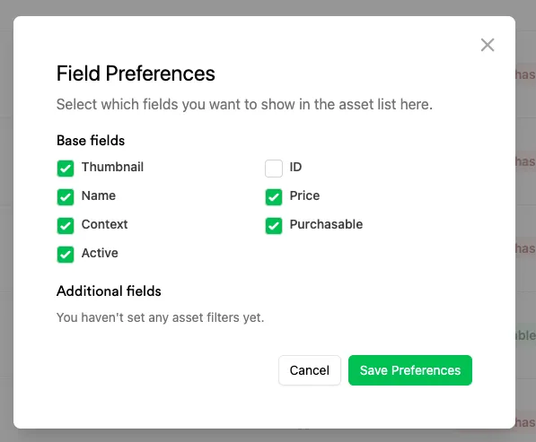 Field preferences window for toggling Asset Manager columns on and off