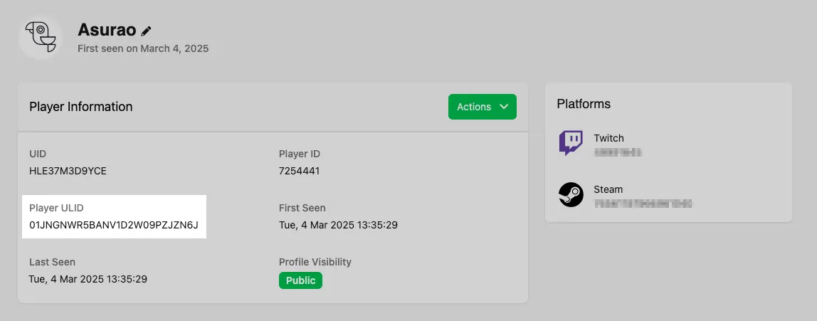 Player Information section showing where to find a player's ULID
