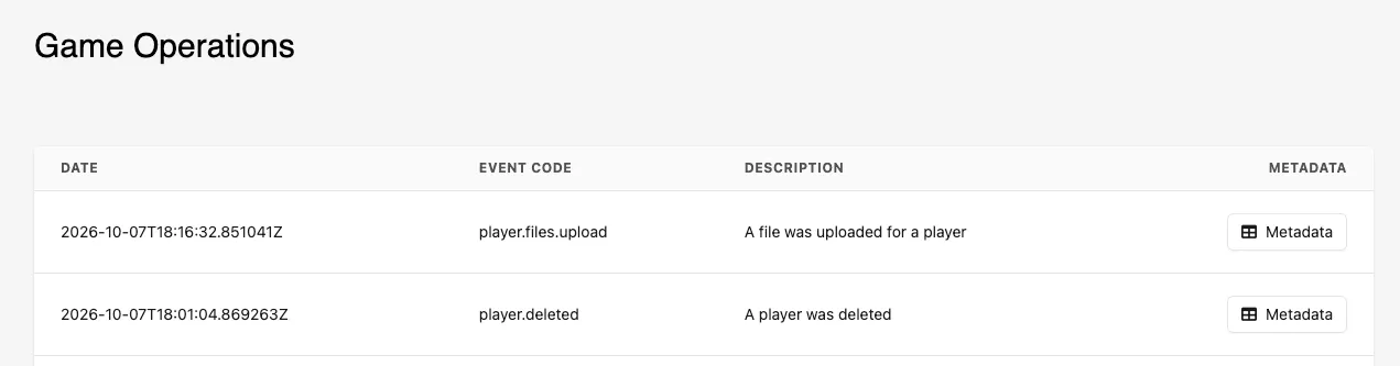 The Game Operations log listing a player file upload and a player deletion with their dates, event codes, and descriptions