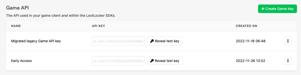 List of Game API keys in the API Keys section of Game Settings