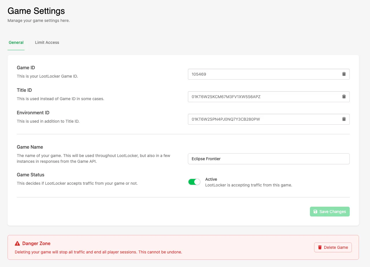 General tab of Game Settings with Game ID, Title ID, Environment ID, Game Name, Game Status, and the Danger Zone