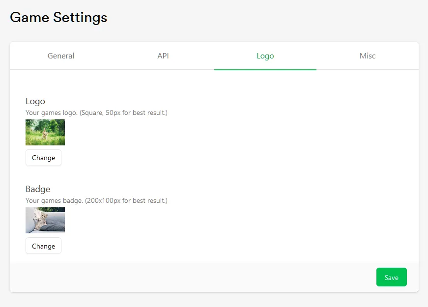 Logo tab of the Game Settings menu with Logo and Badge upload fields