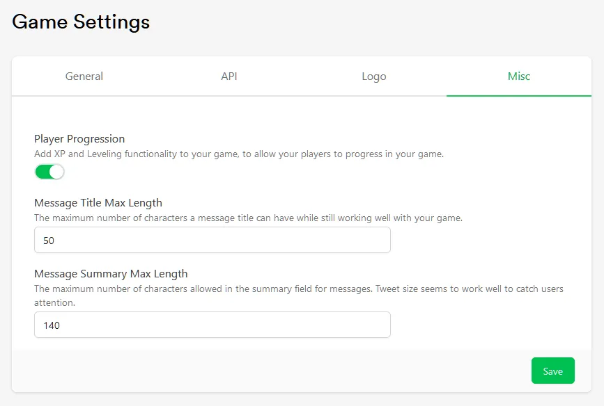 Misc tab of the Game Settings menu with Player Progression and message length settings