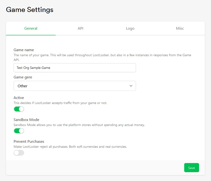 General tab of the Game Settings menu