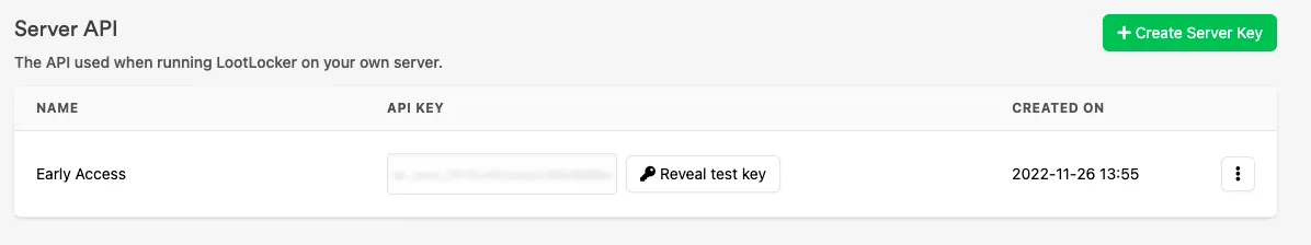 List of Server API keys in the API Keys section of Game Settings