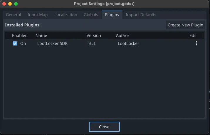 Enabling the LootLocker SDK plugin in Godot Project Settings