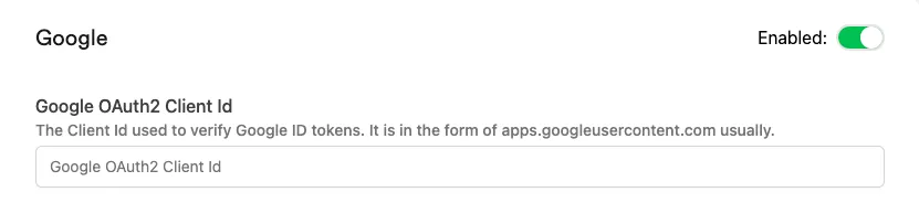 Google Sign In platform settings in the Web Console