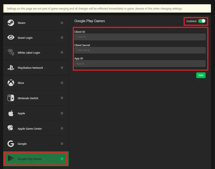 Web Console fields showing the Client ID, Client Secret, and App ID filled in for Google Play Games