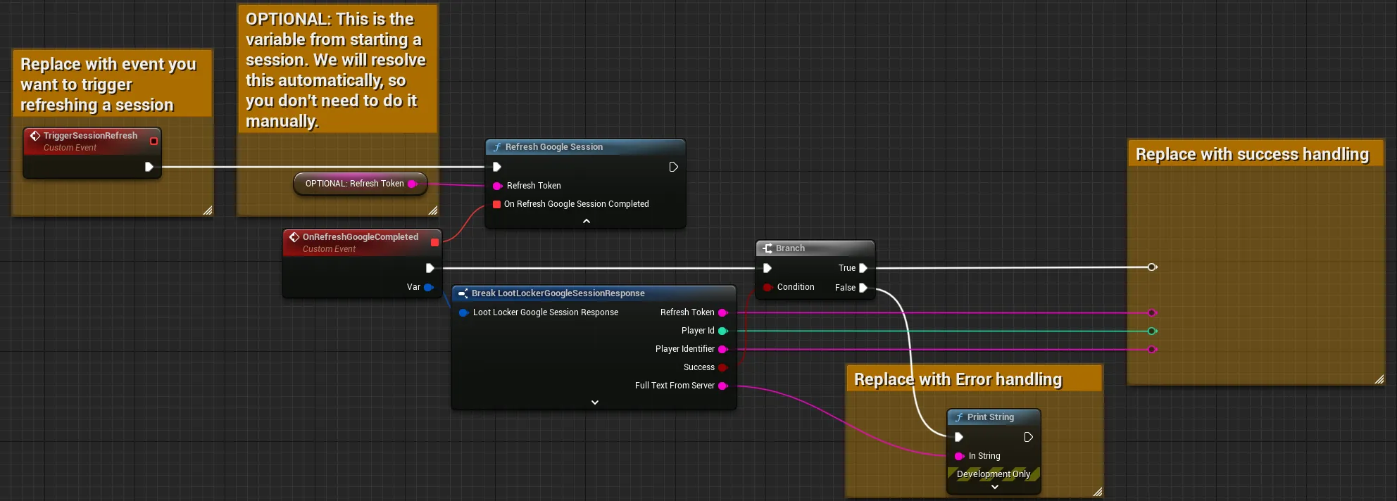 Blueprint example of refreshing a game session with Google - https://blueprintue.com/blueprint/45akd39v/