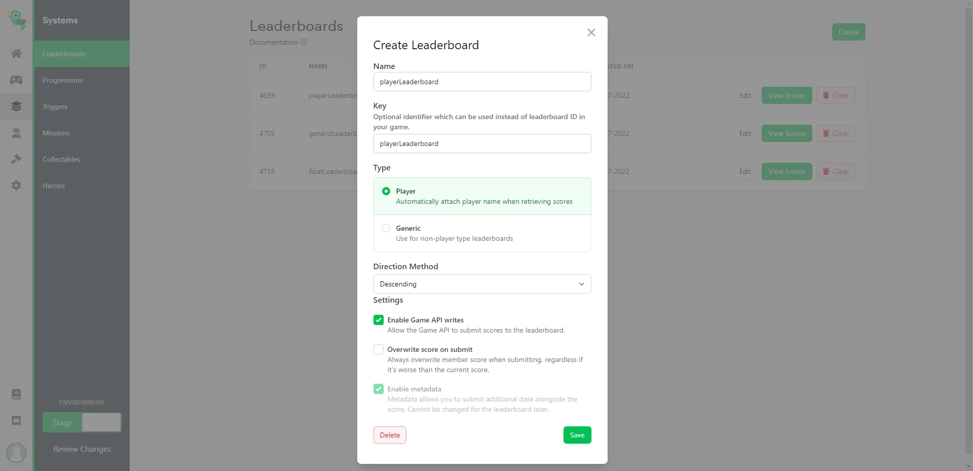 Configuring a player-type leaderboard in the Web Console