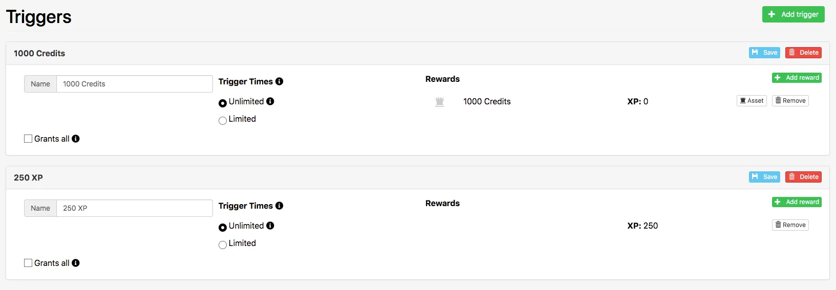 Triggers menu in the Web Console