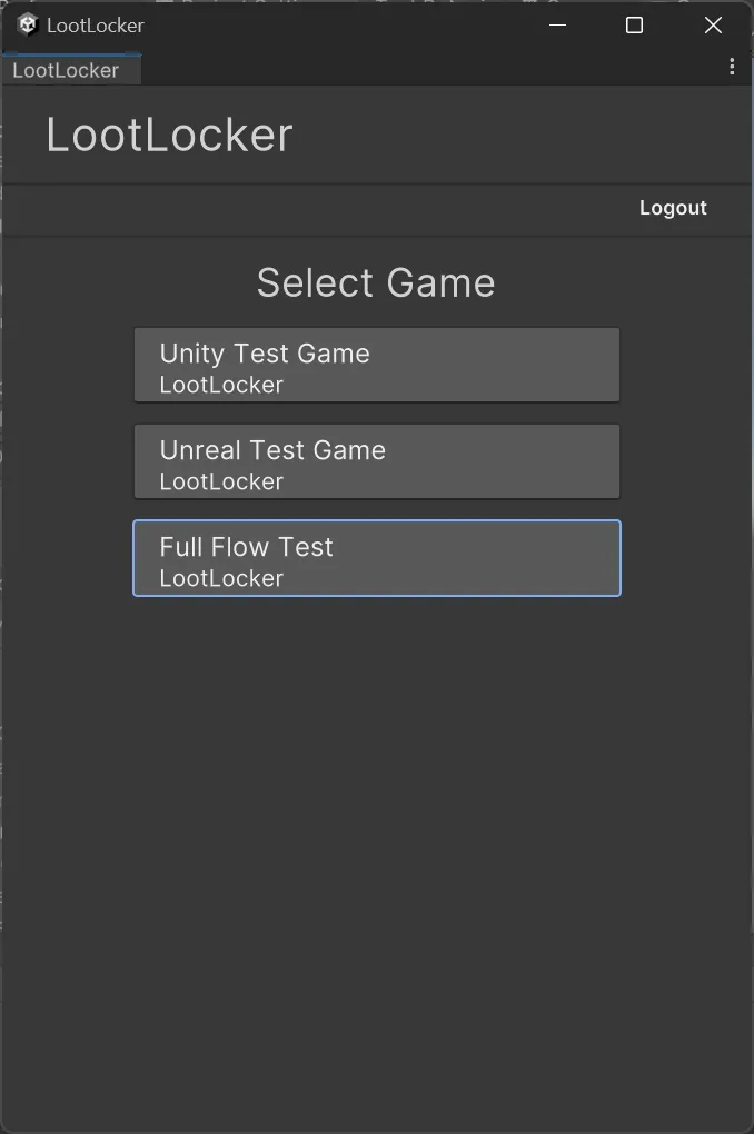 Selecting your game in the LootLocker Unity extension