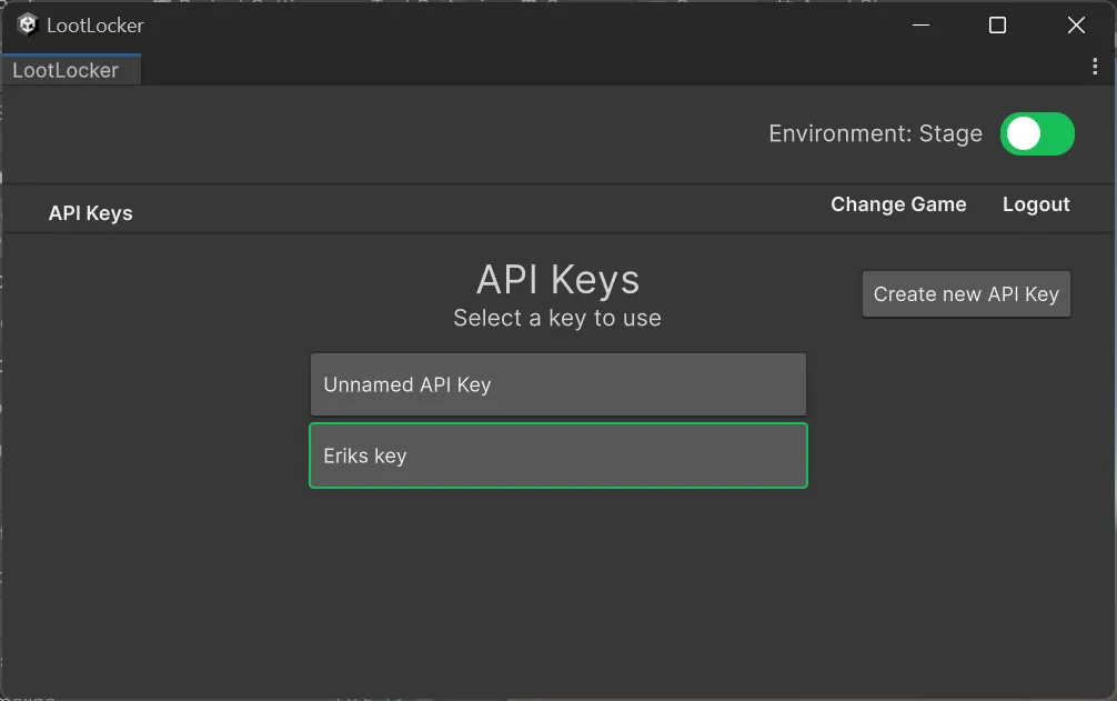 Selecting the API key and environment in the LootLocker Unity extension