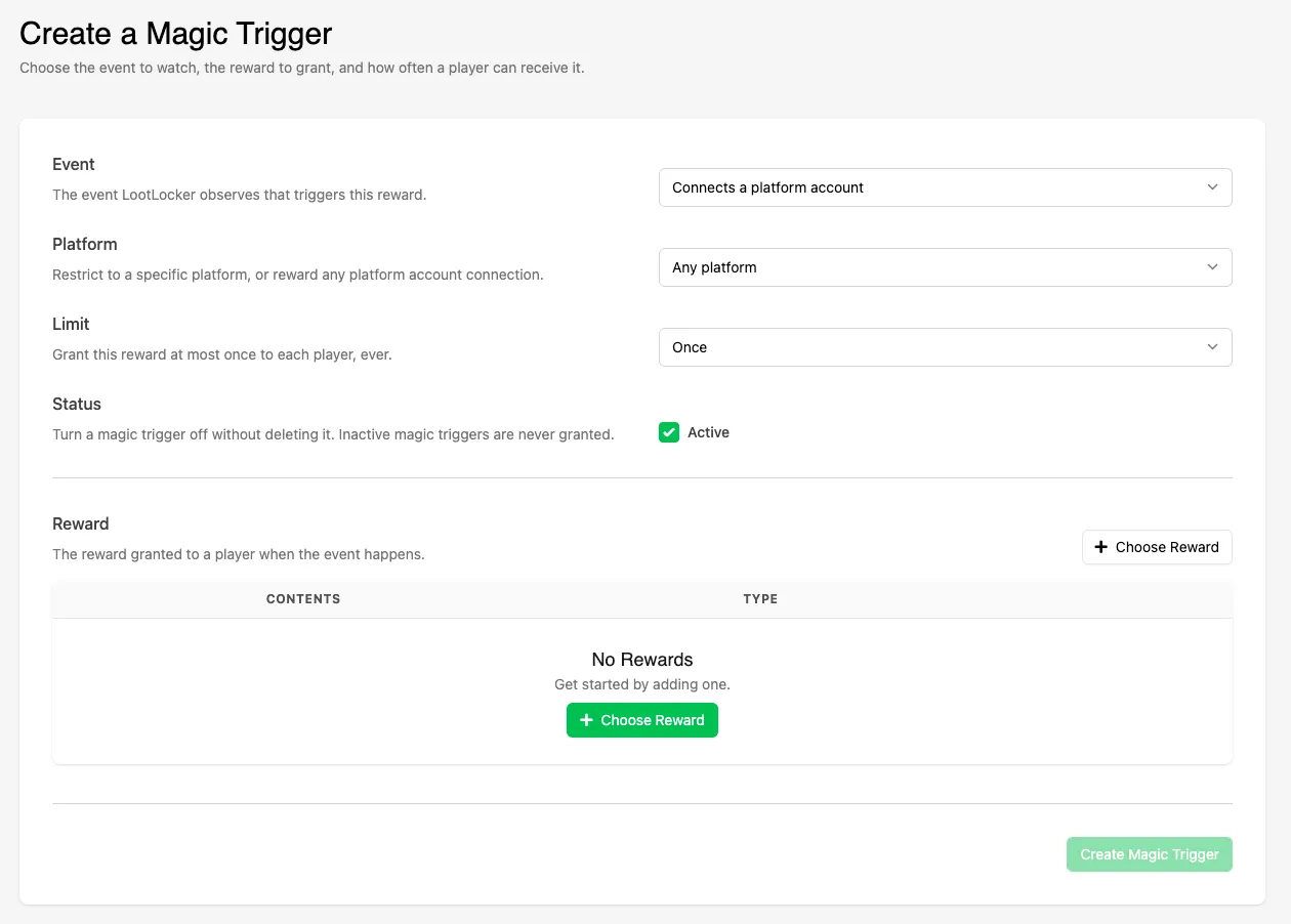 The Create a Magic Trigger form with Event, Platform, Limit, Status, and Reward fields