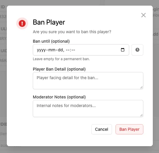 Ban Player dialog with Ban until, Player Ban Detail and Moderator Notes fields
