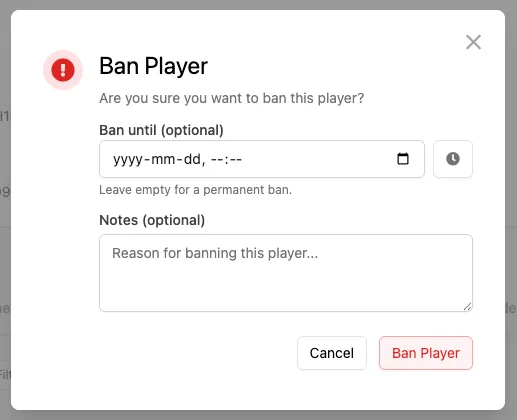 Ban Player action with an optional time duration and note field