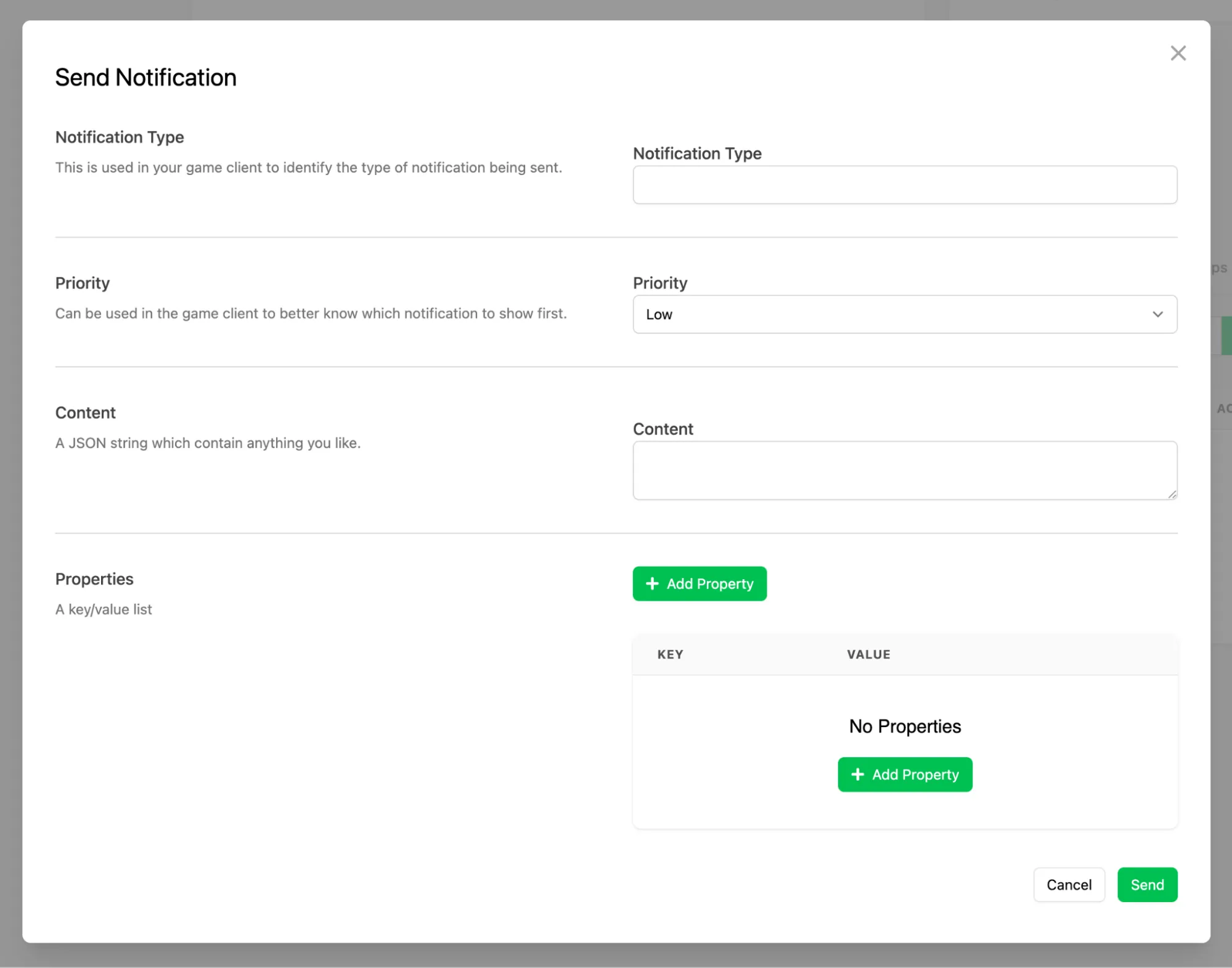Send Notification dialog with type, priority, content, and properties fields