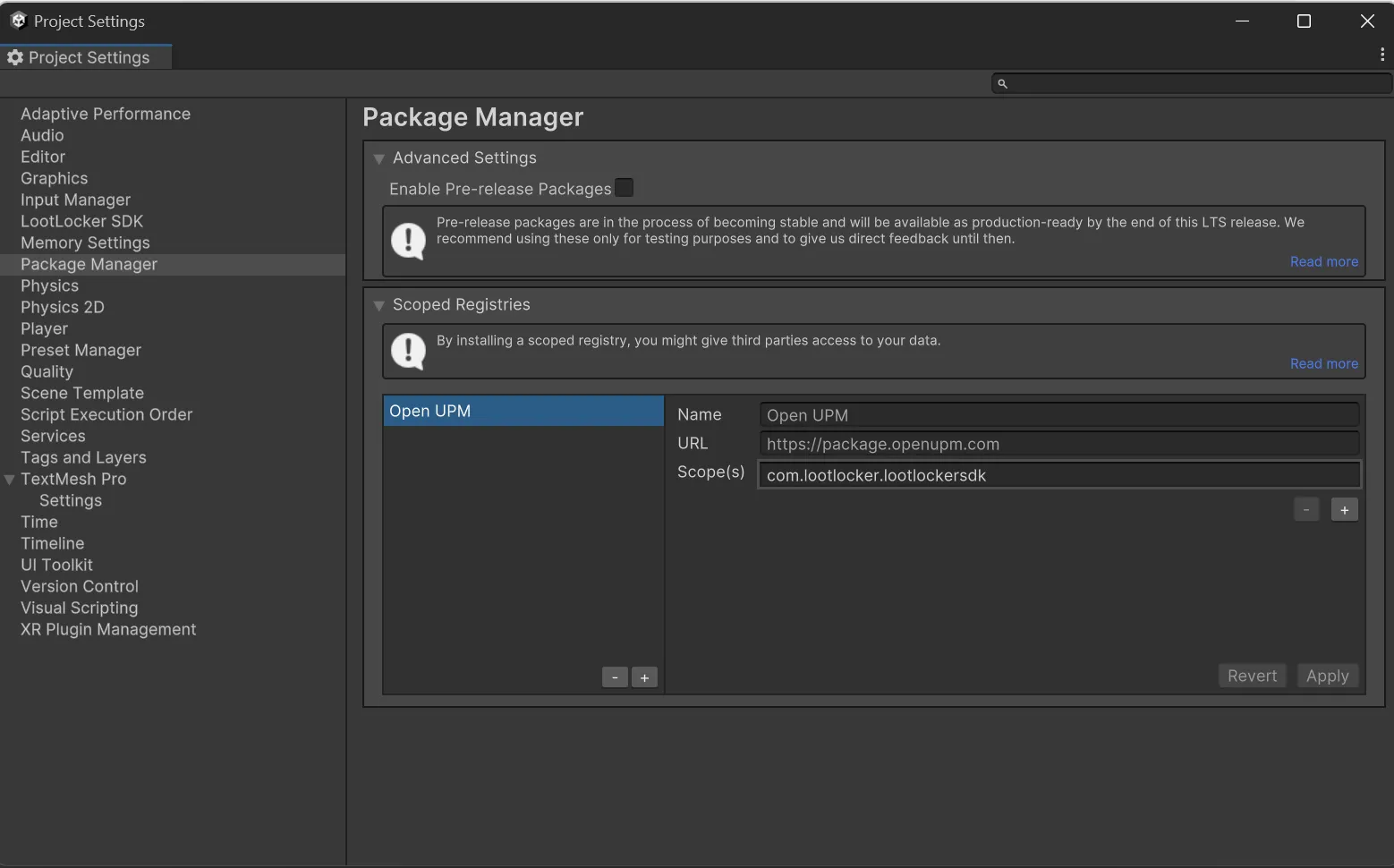 Adding the OpenUPM scoped registry in Unity's Package Manager settings