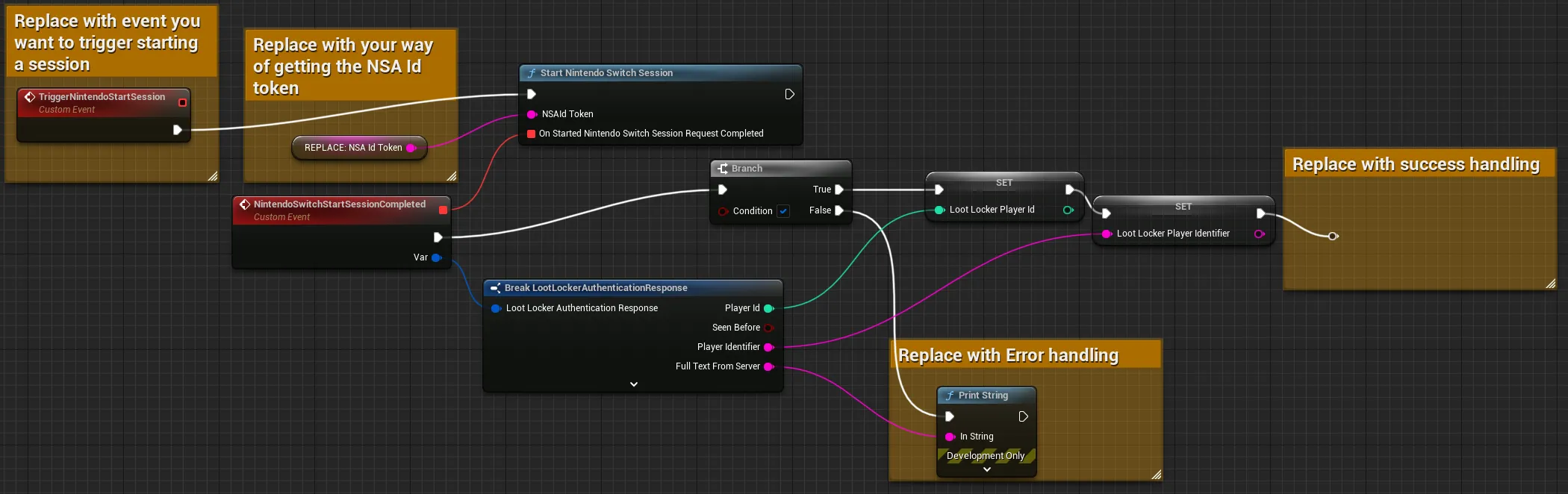 Blueprint example of starting a session with a Nintendo Switch Player - https://blueprintue.com/blueprint/e190bbsq/