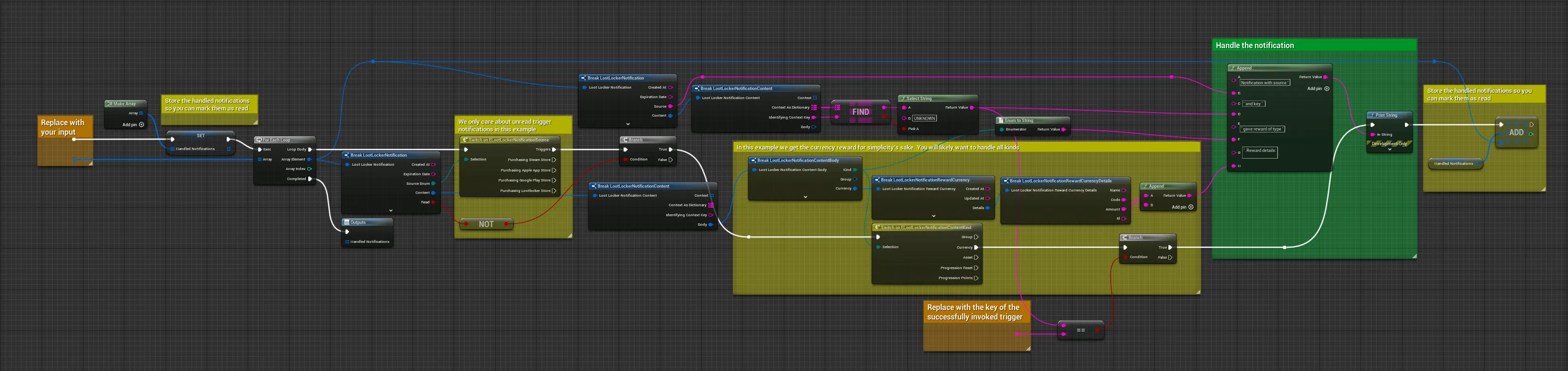Unreal Blueprint example of handling a listed notification's reward content
