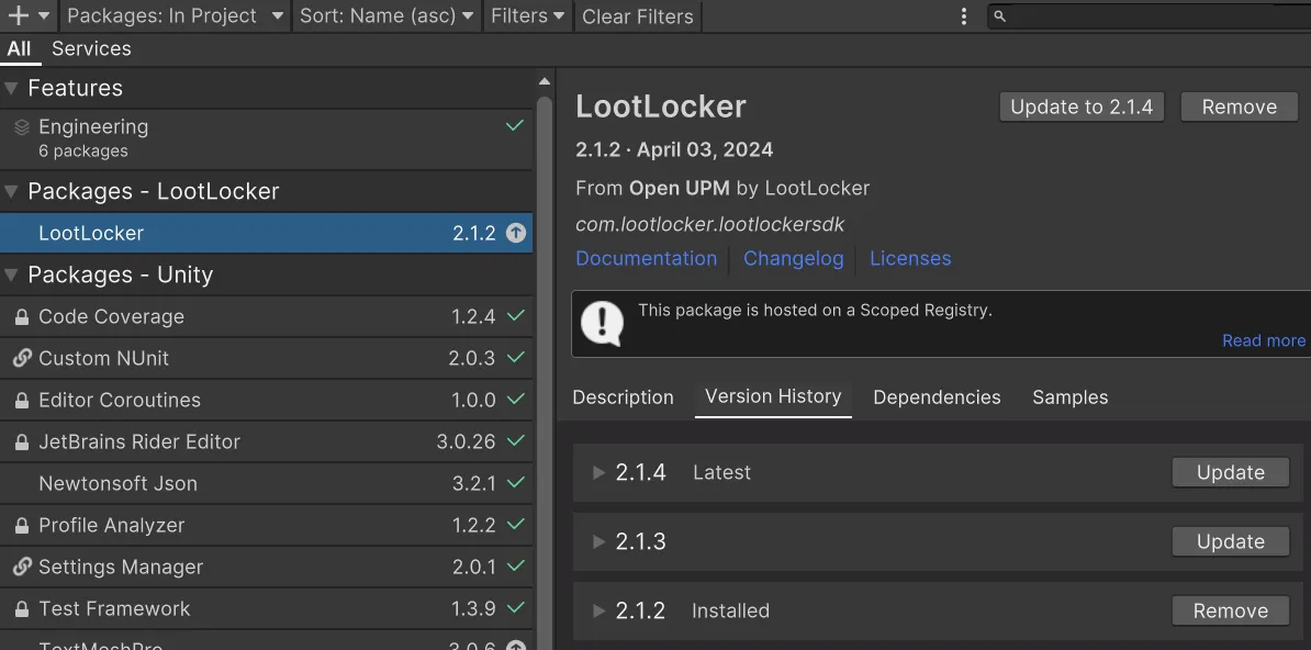 Unity Package Manager showing an Open UPM package that needs updating