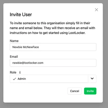 Invite User modal for adding a new Organization user