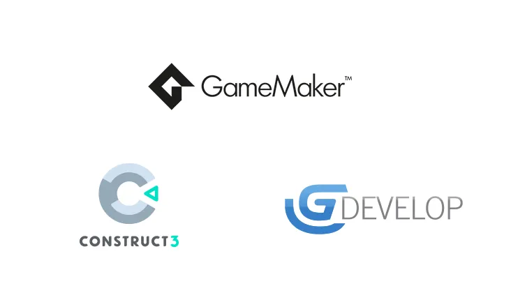Logos of other supported game engines: GameMaker, Construct 3, and GDevelop