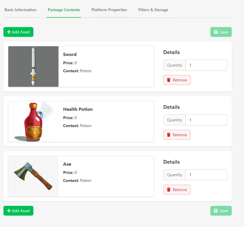 Package Contents tab on an Asset with the Customization Package Complexity