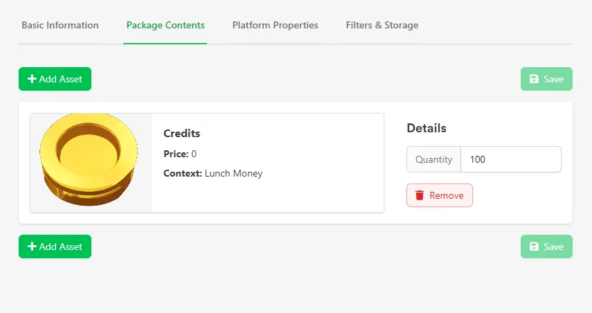 Package Contents tab on an Asset with the Soft Currency Package Complexity