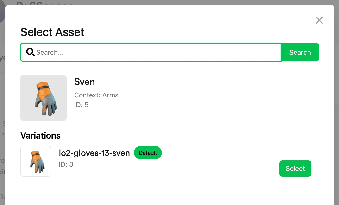 Give Asset window for searching and granting an asset to a player