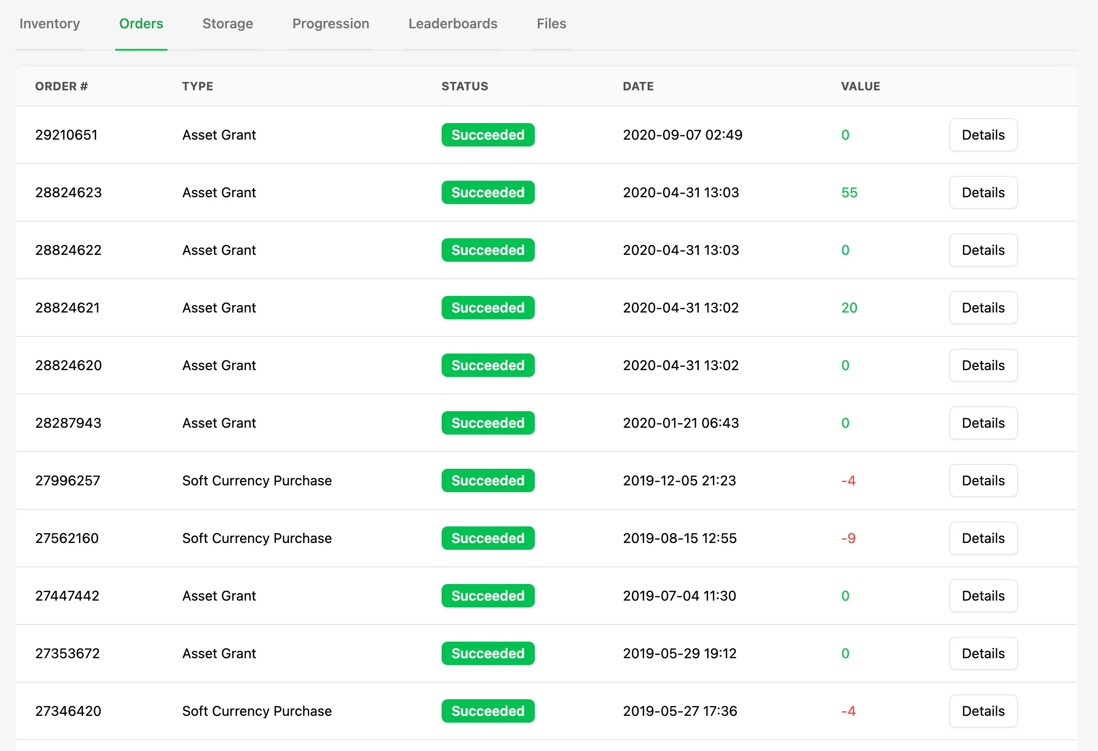 Orders tab listing asset grants and purchases for the player