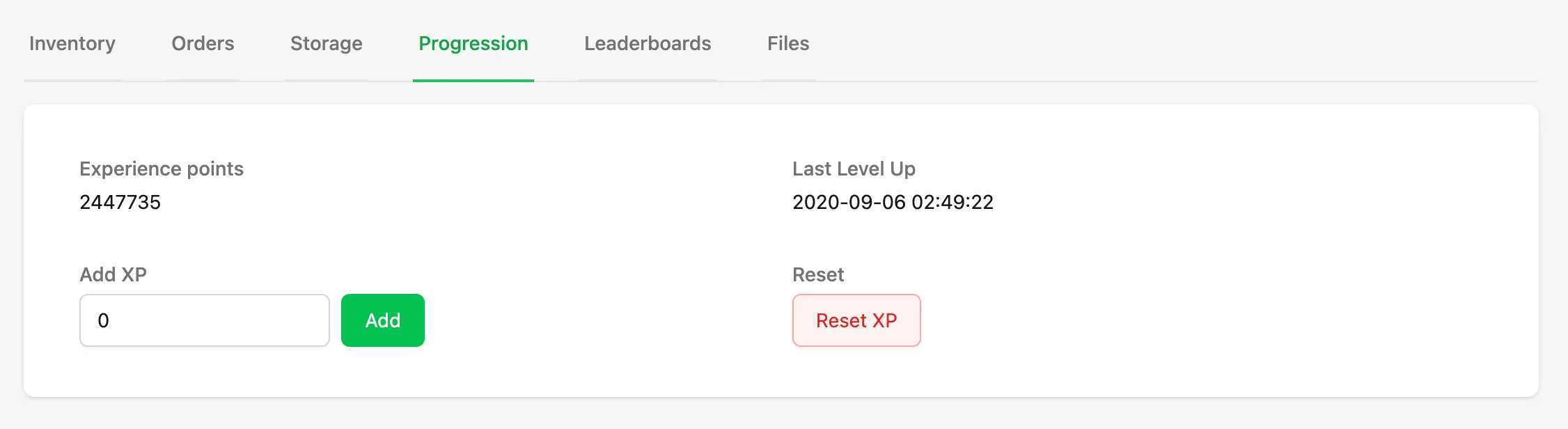 Progression tab showing the player's earned XP
