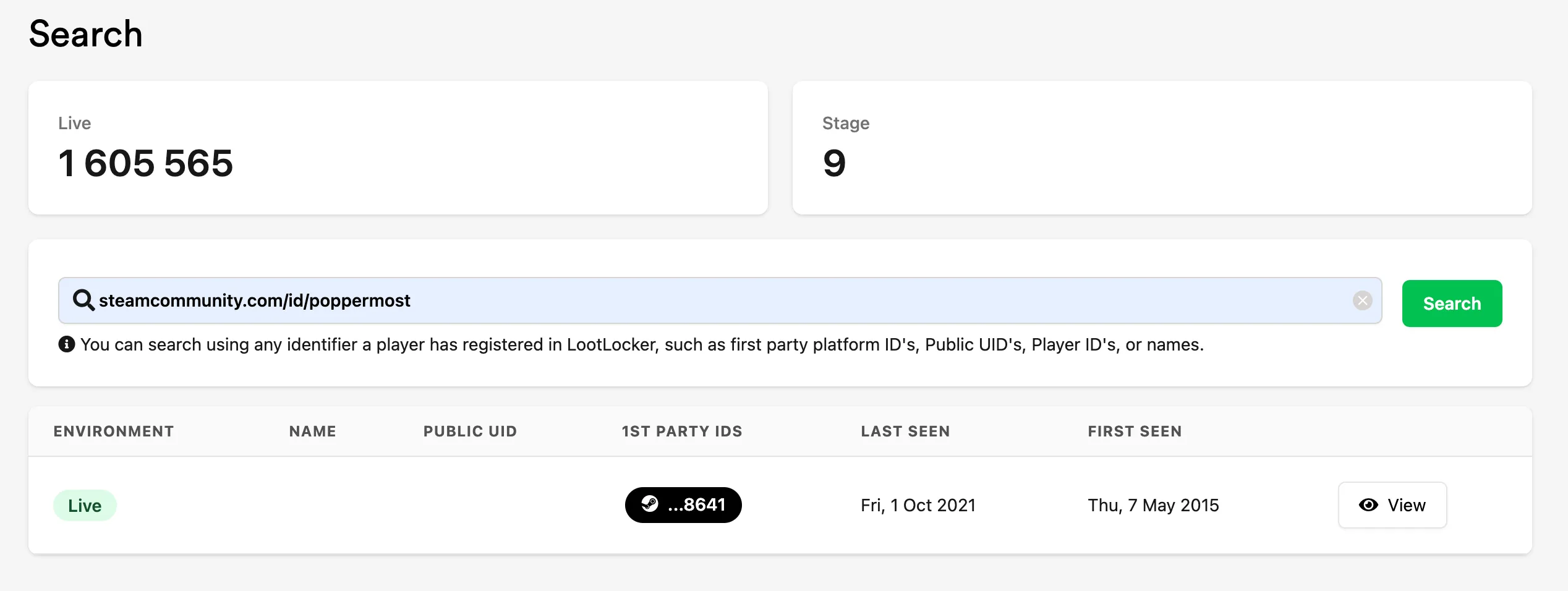 Search results for a player by platform ID or Public UID