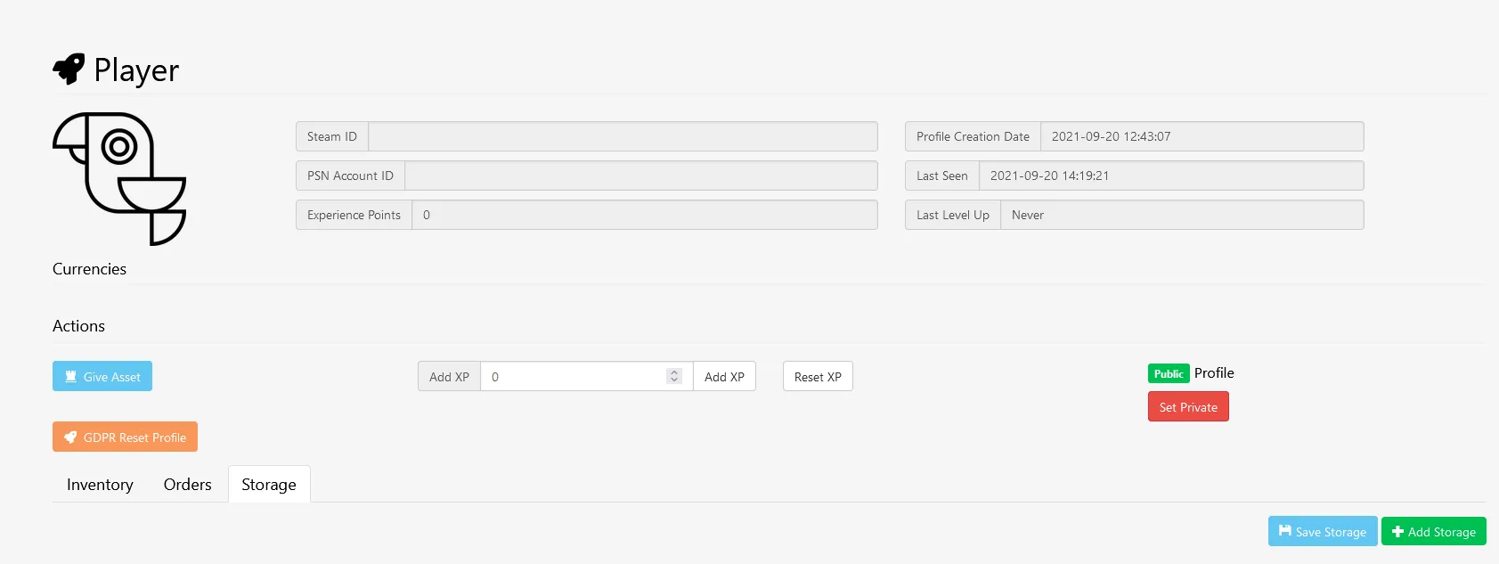 Player profile view in the Web Console showing assets and player storage items