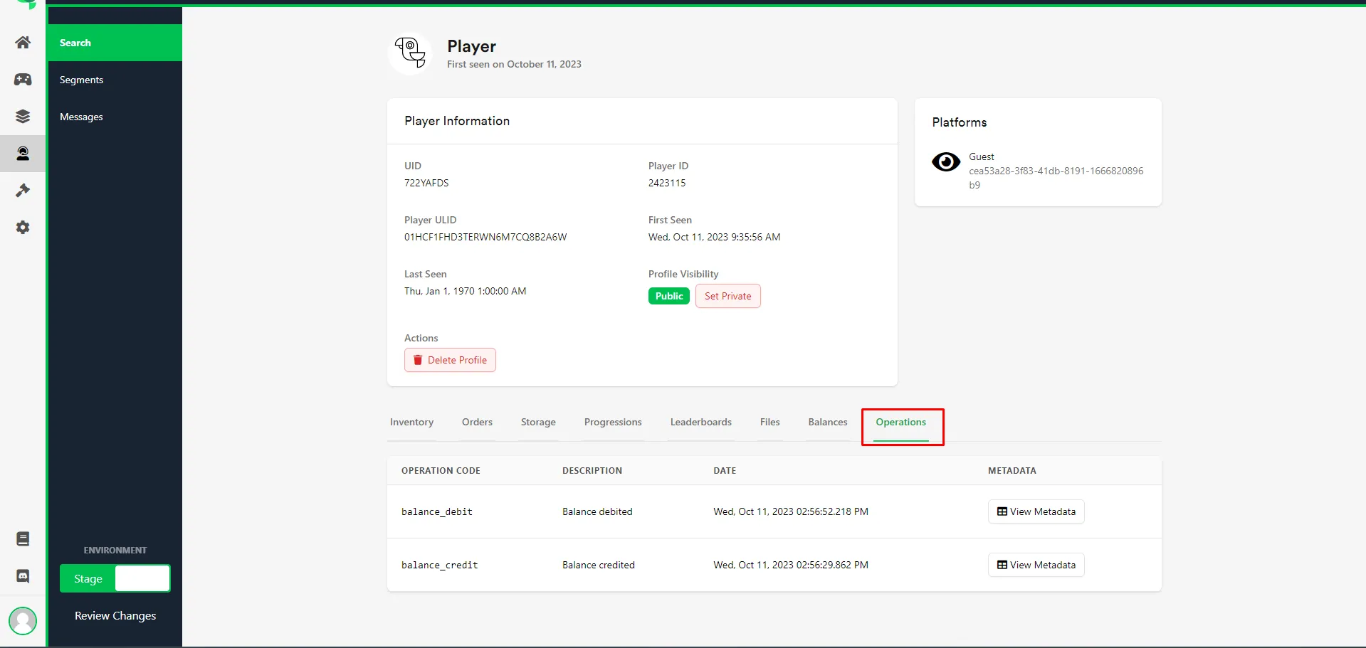 Player Operations list showing in-game purchase and balance change history
