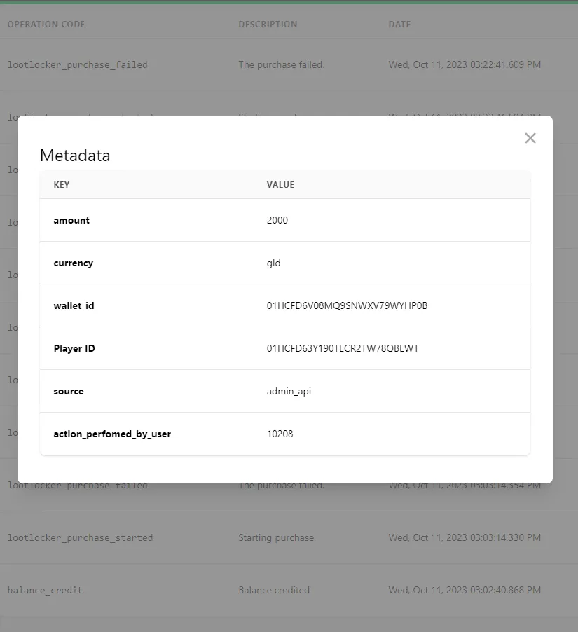 Metadata content of a balance_credit Operation entry