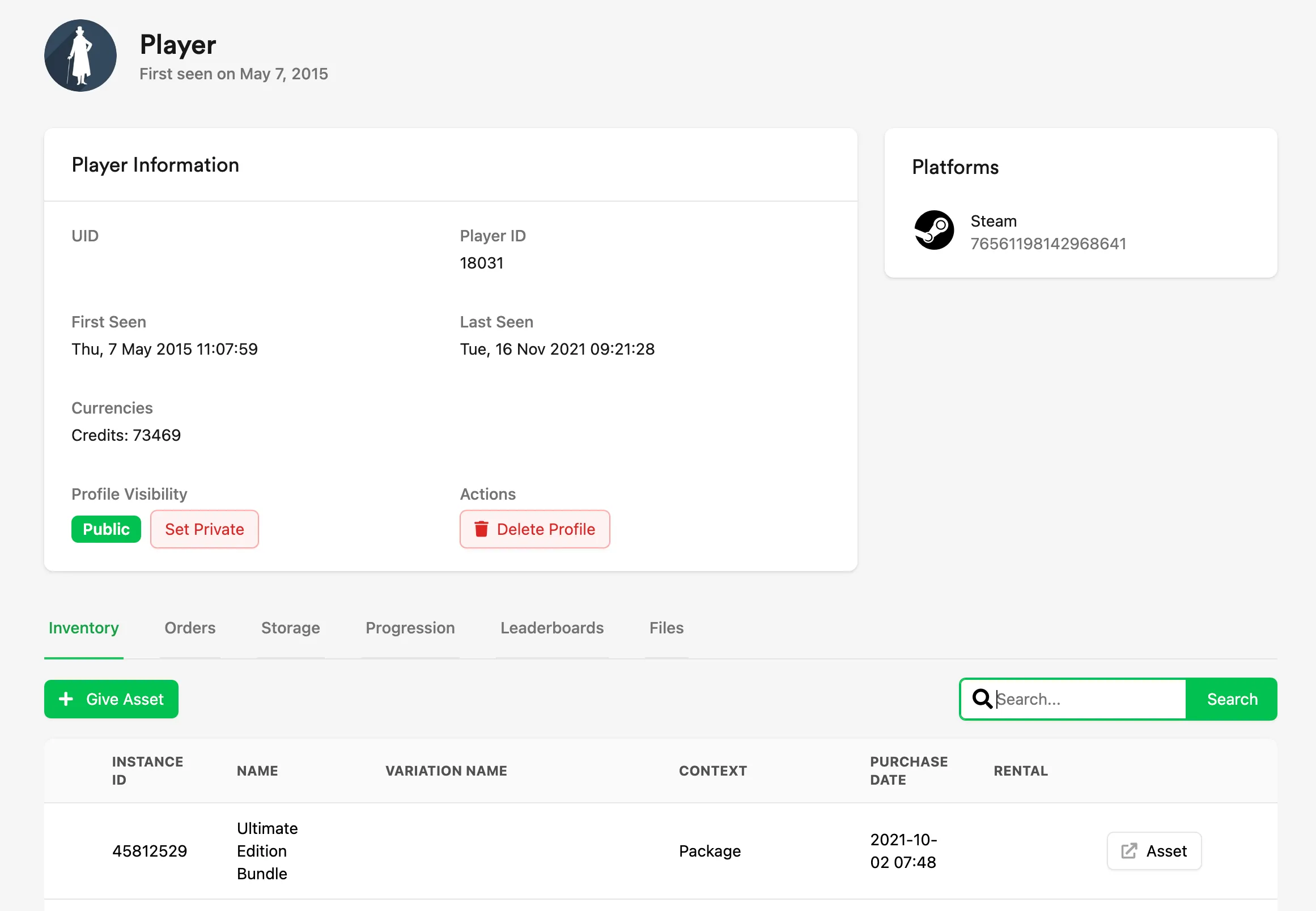 Player Page displaying player information, assets, orders, and storage
