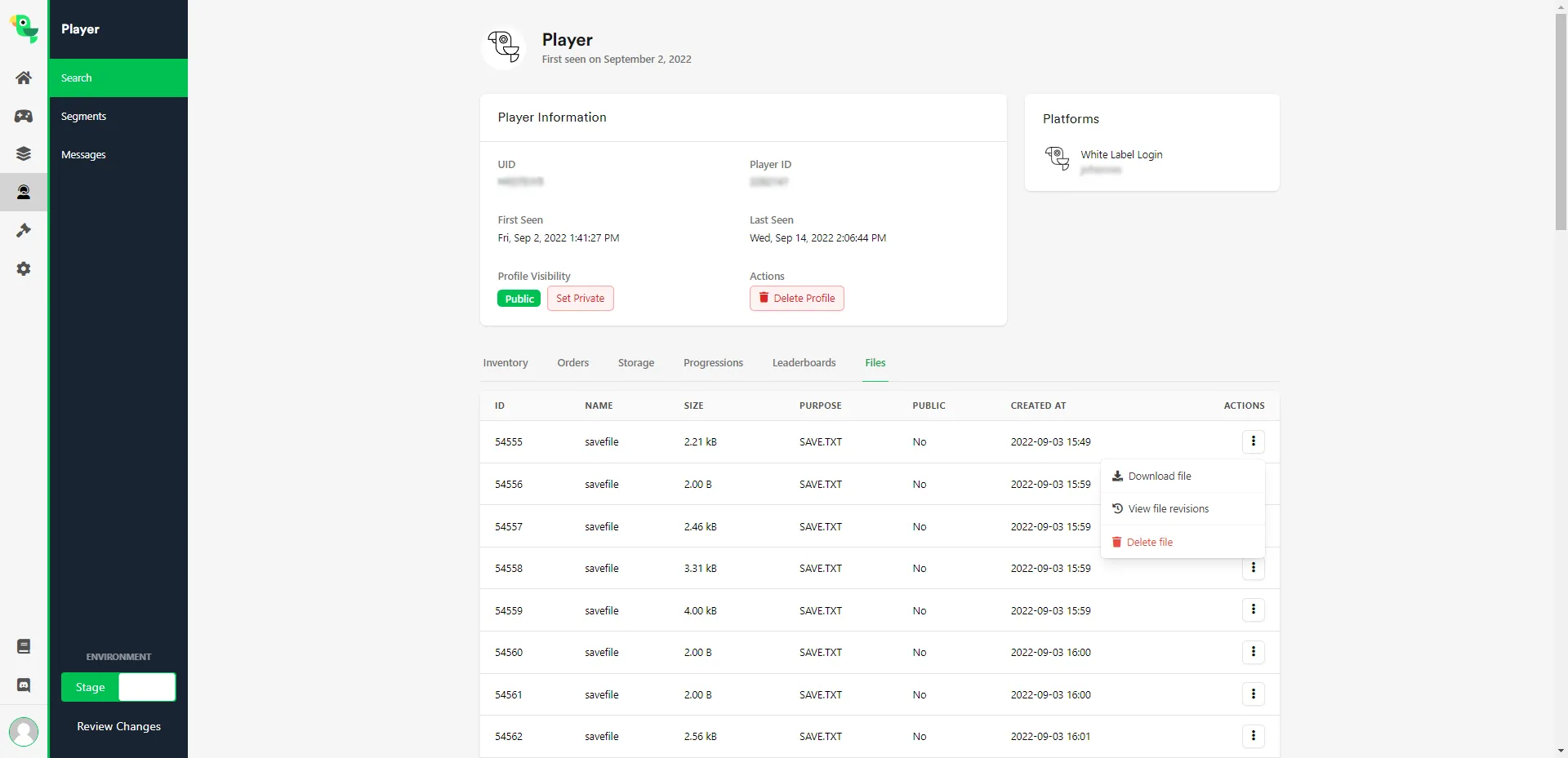 Viewing a player's uploaded files in the Web Console