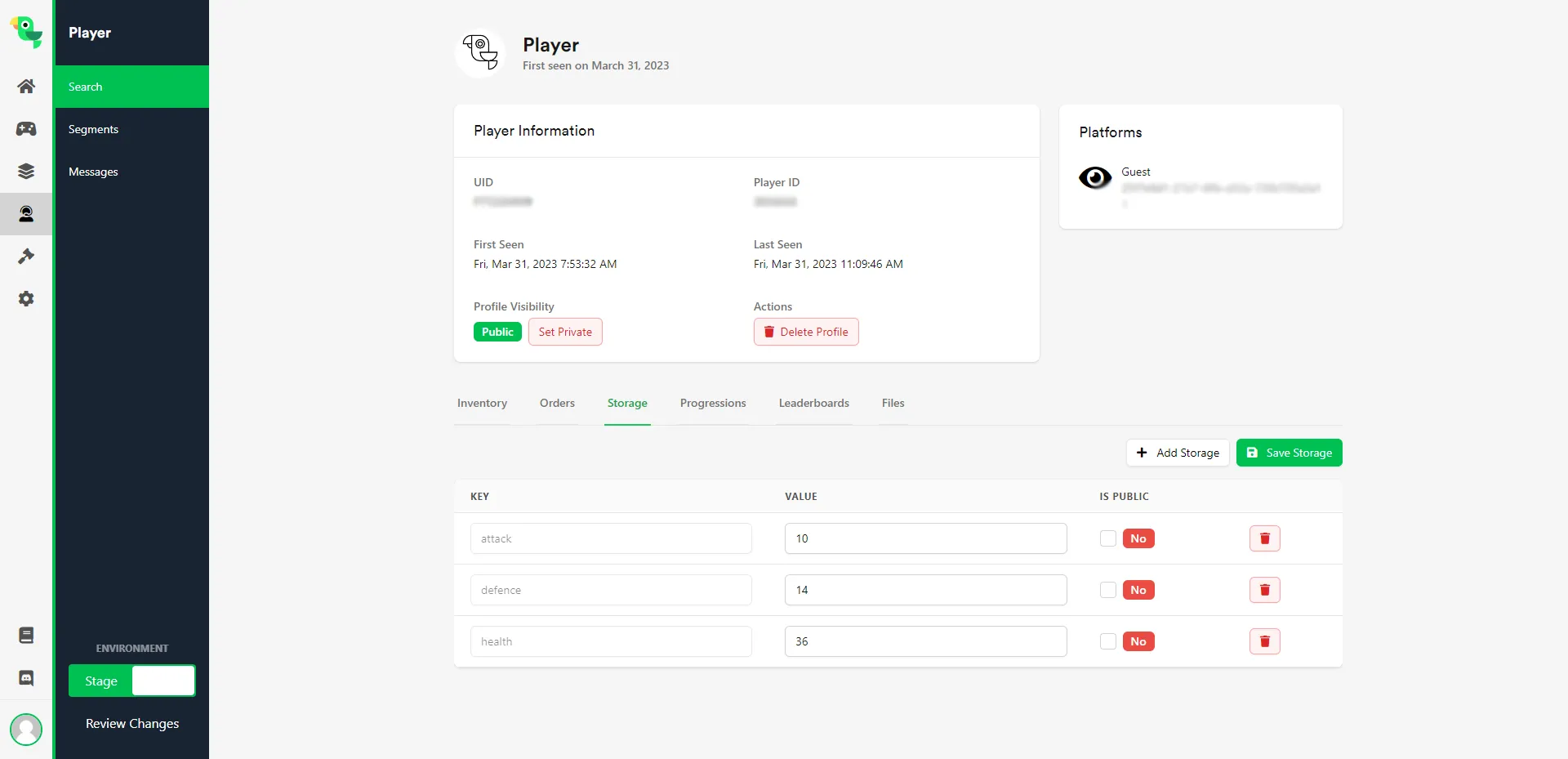 Viewing a player's key/value pairs in the Web Console