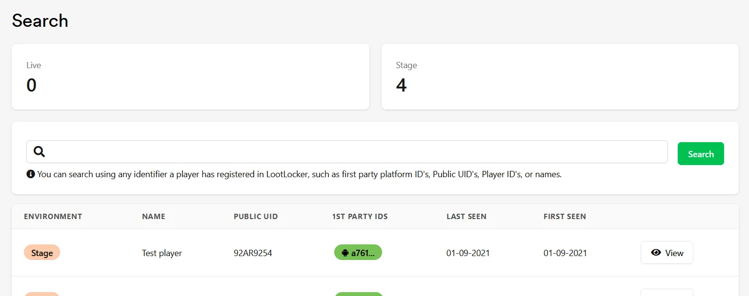 Search results for a player by Platform ID in the Player Manager, with a View button to load the player's profile