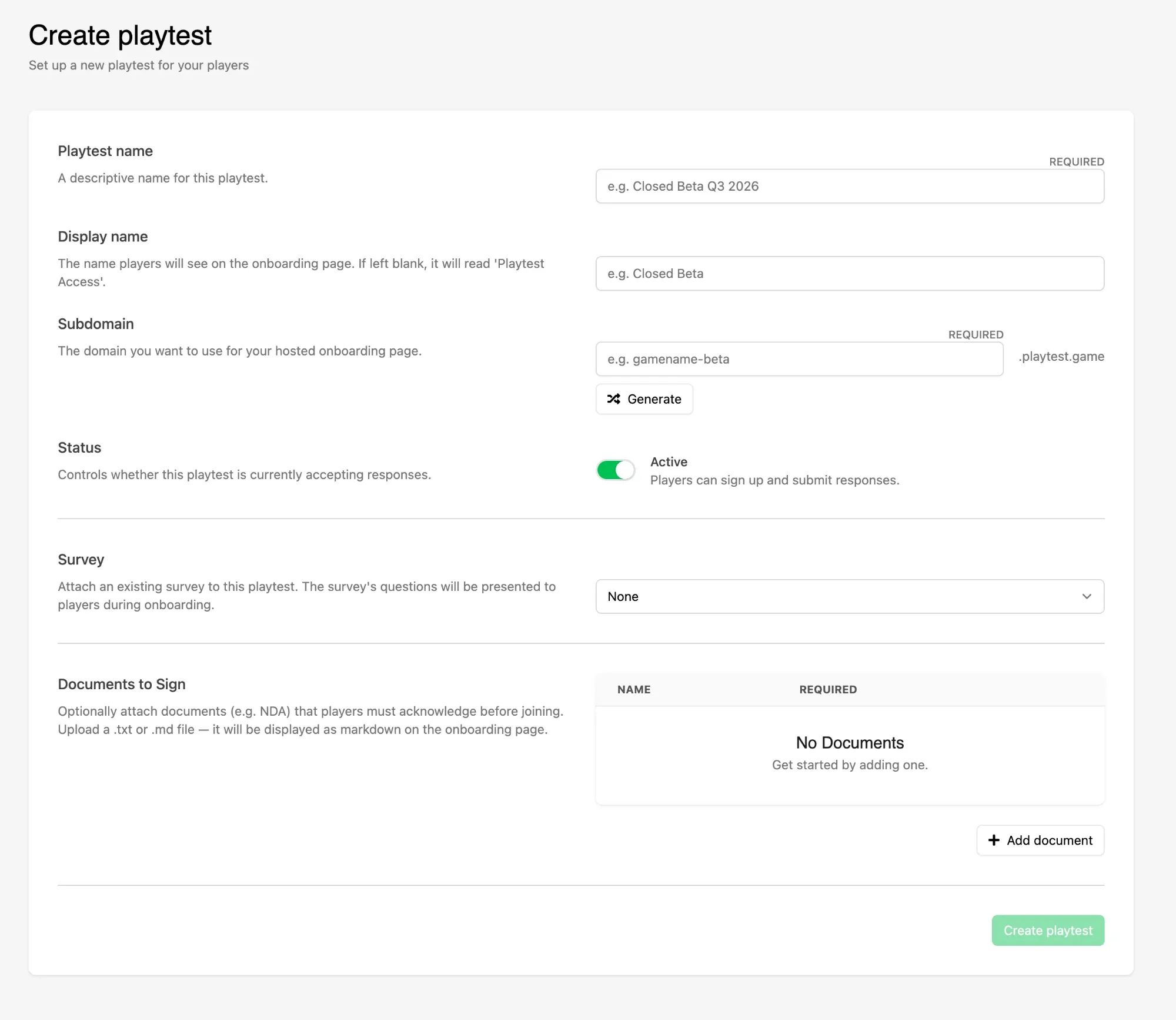 Create playtest form with the name, subdomain, status, survey and documents fields