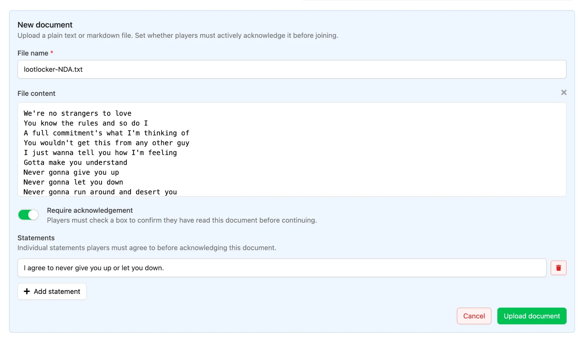 New document panel with file content loaded, acknowledgement required, and a statement added
