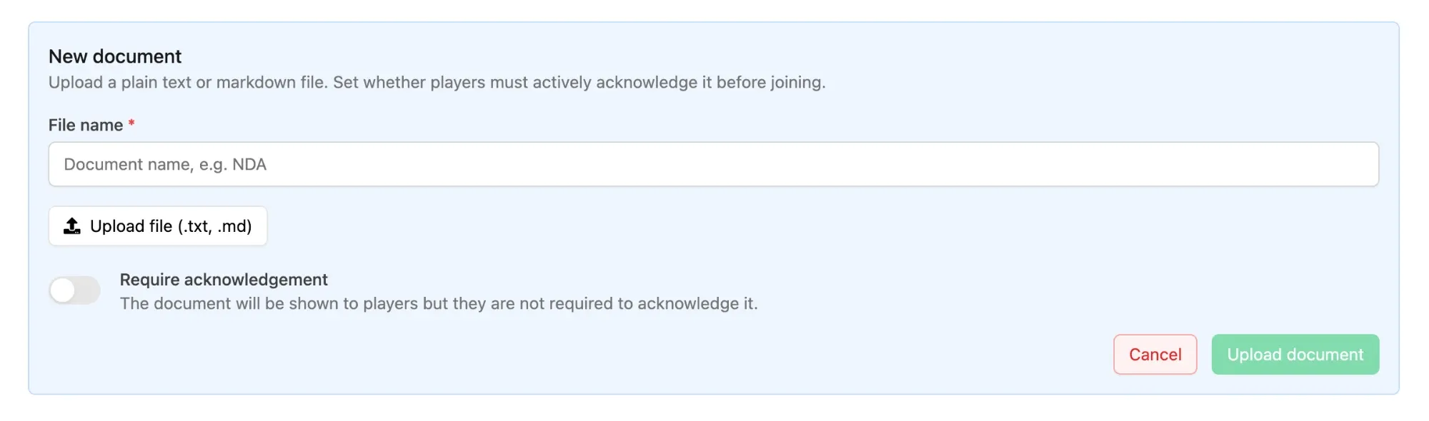 Empty New document panel with the file name field and upload button
