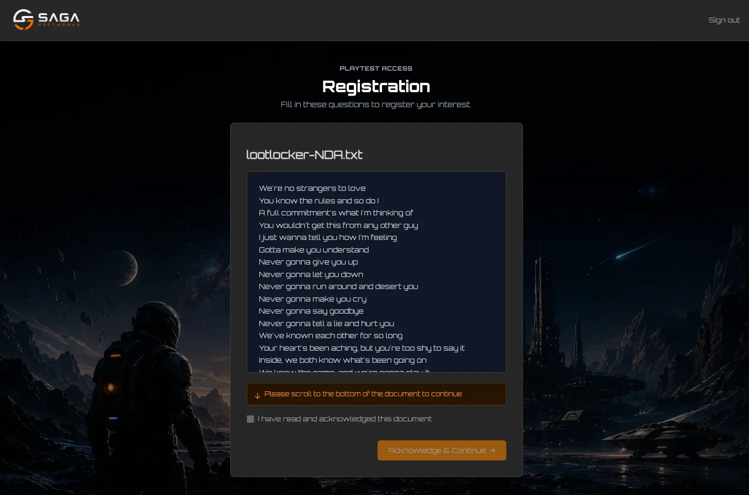 Onboarding page showing a document with a prompt to scroll to the bottom before acknowledging