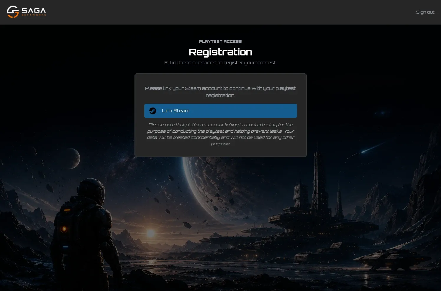 Onboarding page asking the player to link their Steam account before continuing