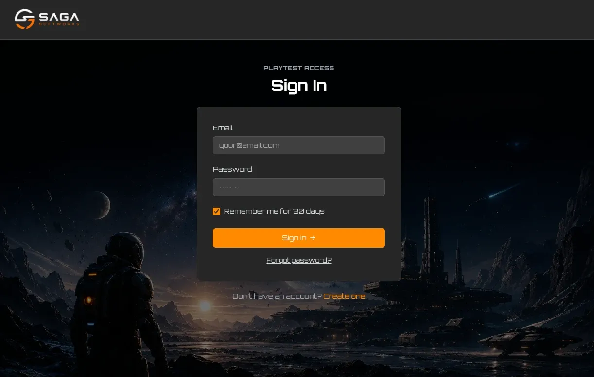 Branded playtest onboarding page showing the Sign In form