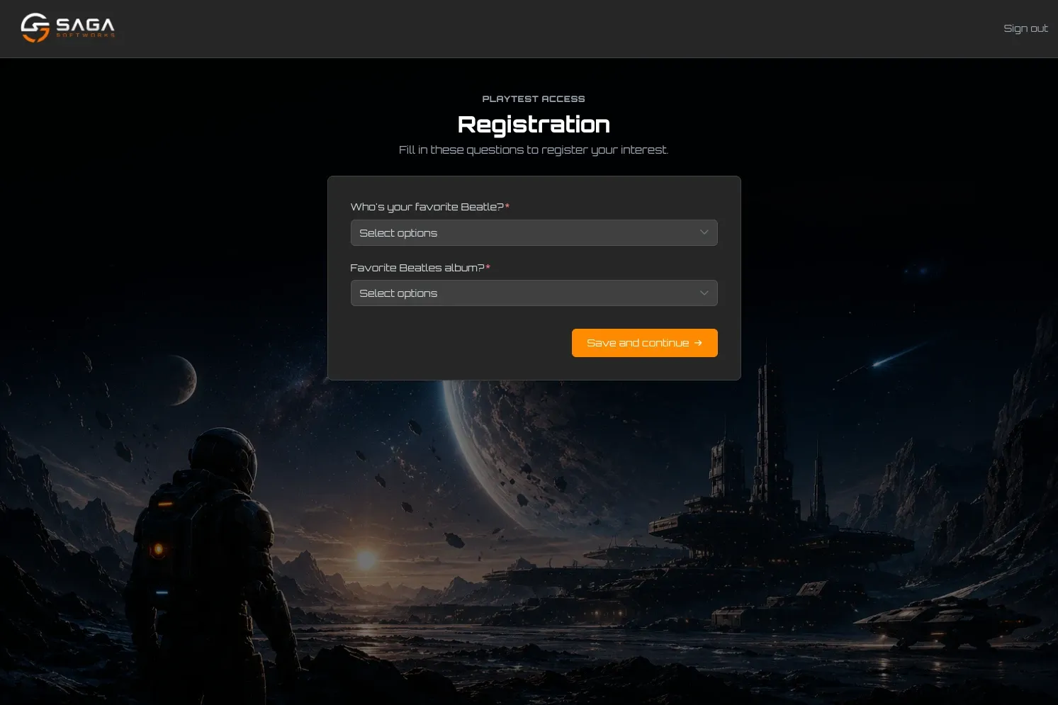 Onboarding page presenting the attached survey's questions